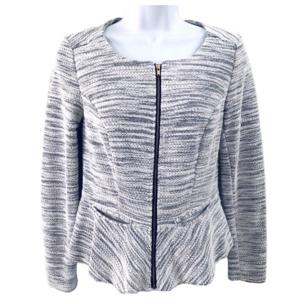 Elle Peplum Jacket Cardigan Full Zip Cotton Blend Gray Marled Pockets